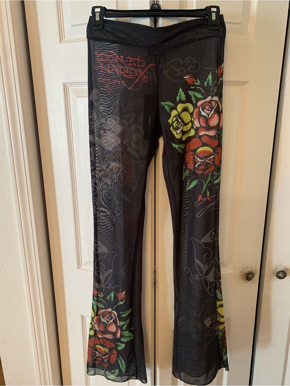 Ed Hardy Black Mesh Swim Pants with Red, Yellow & Green Rose Print. New with tag